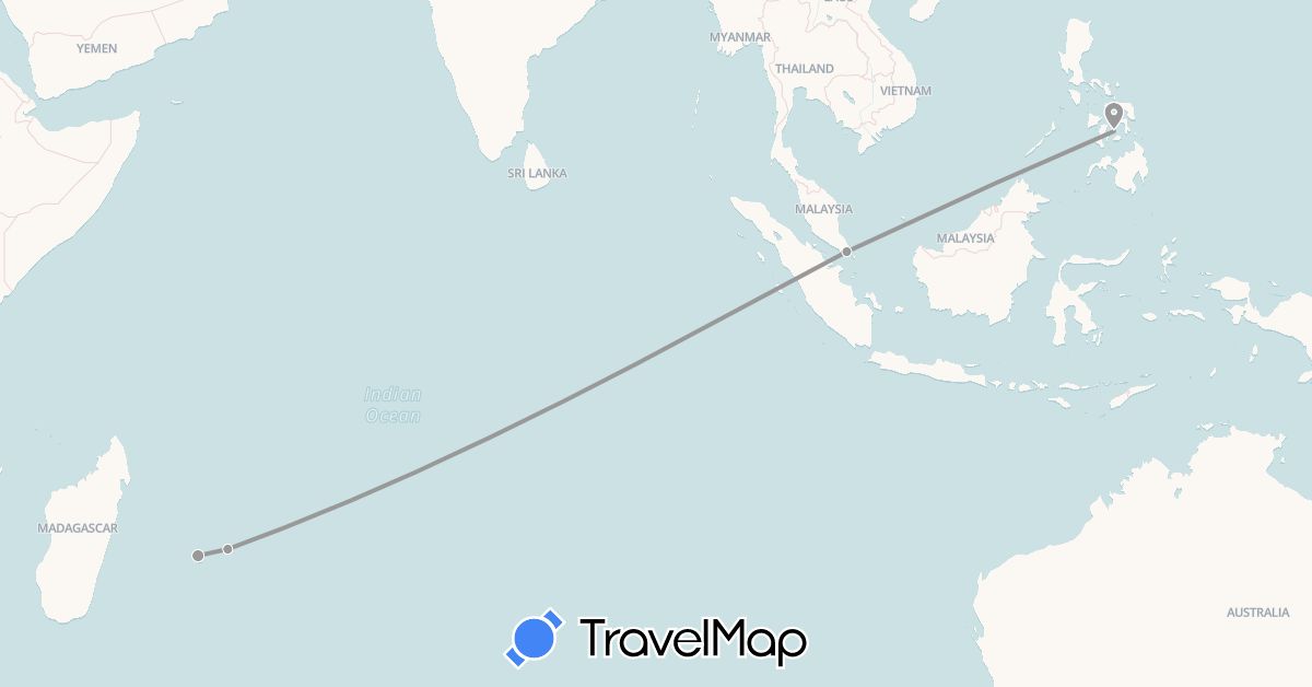 TravelMap itinerary: driving, plane in Mauritius, Philippines, Réunion, Singapore (Africa, Asia)